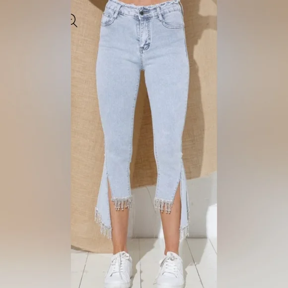 BLUE B RHINESTONE UNEVEN FRINGE HEM DENIM BLUE JEANS- L (31) - Picture 9 of 11